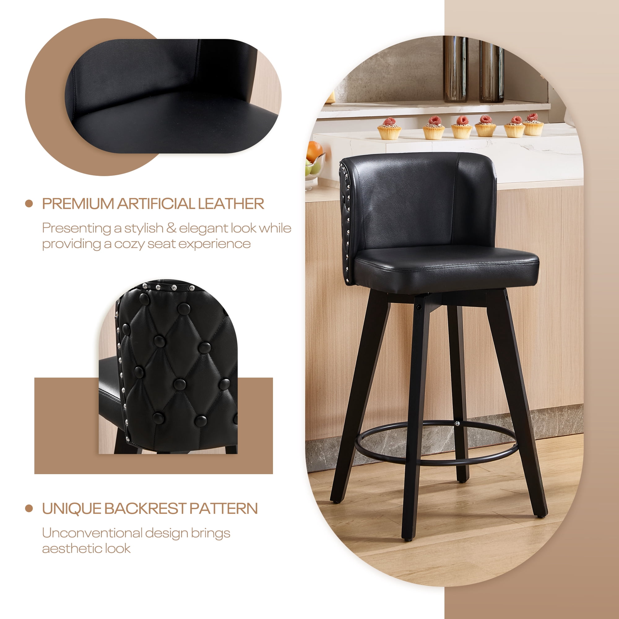 TEWLOSS Counter Height Bar Stools Set of 3, 27.5in Swivel PU Leather Bar Chairs with Curved Back for Kitchen Island, Black