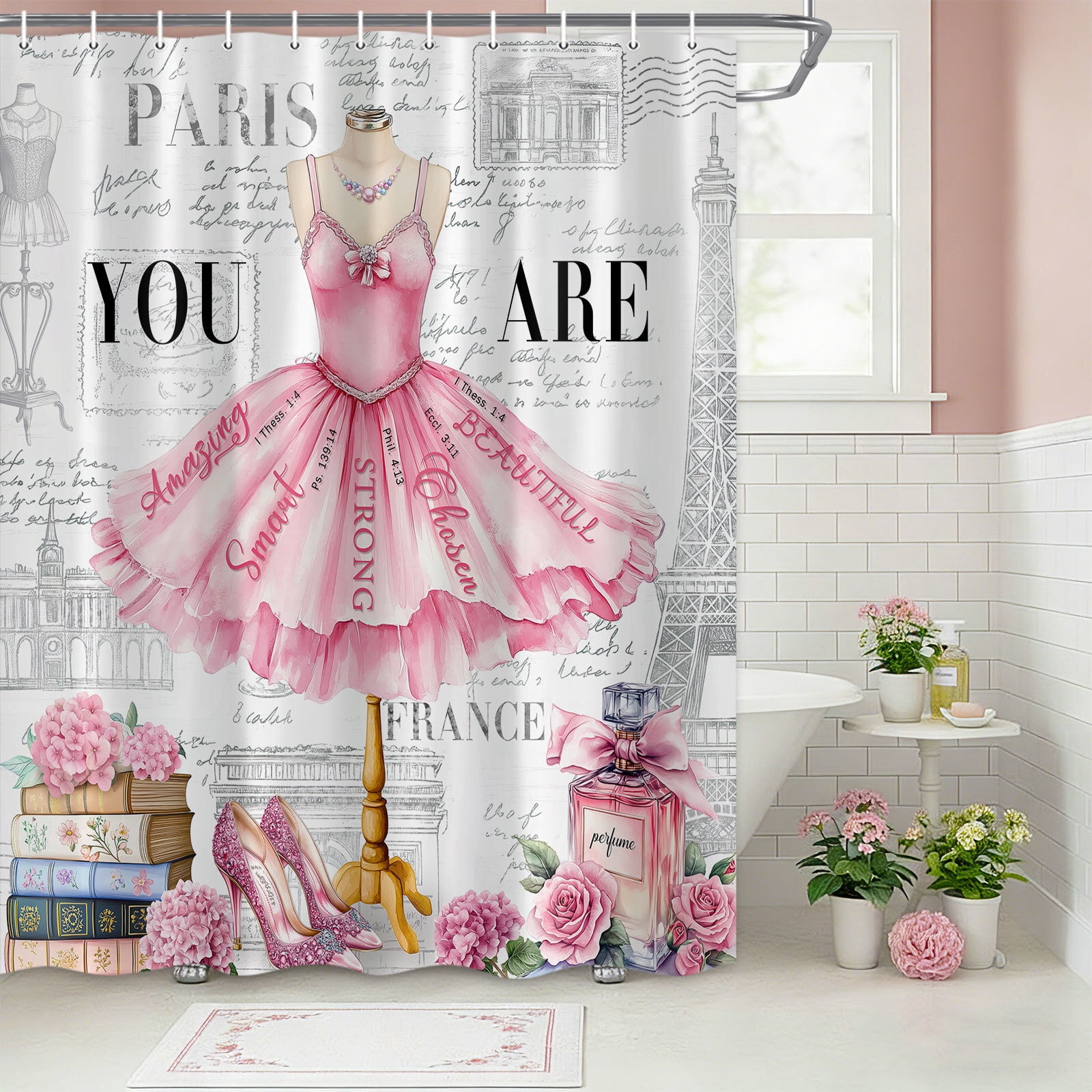 Pink Girly Dress Shower Curtain, Fashion Modern Ballet for Girls Women Bath Curtain, Eiffel Tower Paris Perfume High Heels Makeup Bathroom Decor Fabric Polyester Waterproof 12 Pack Hooks,70X85in