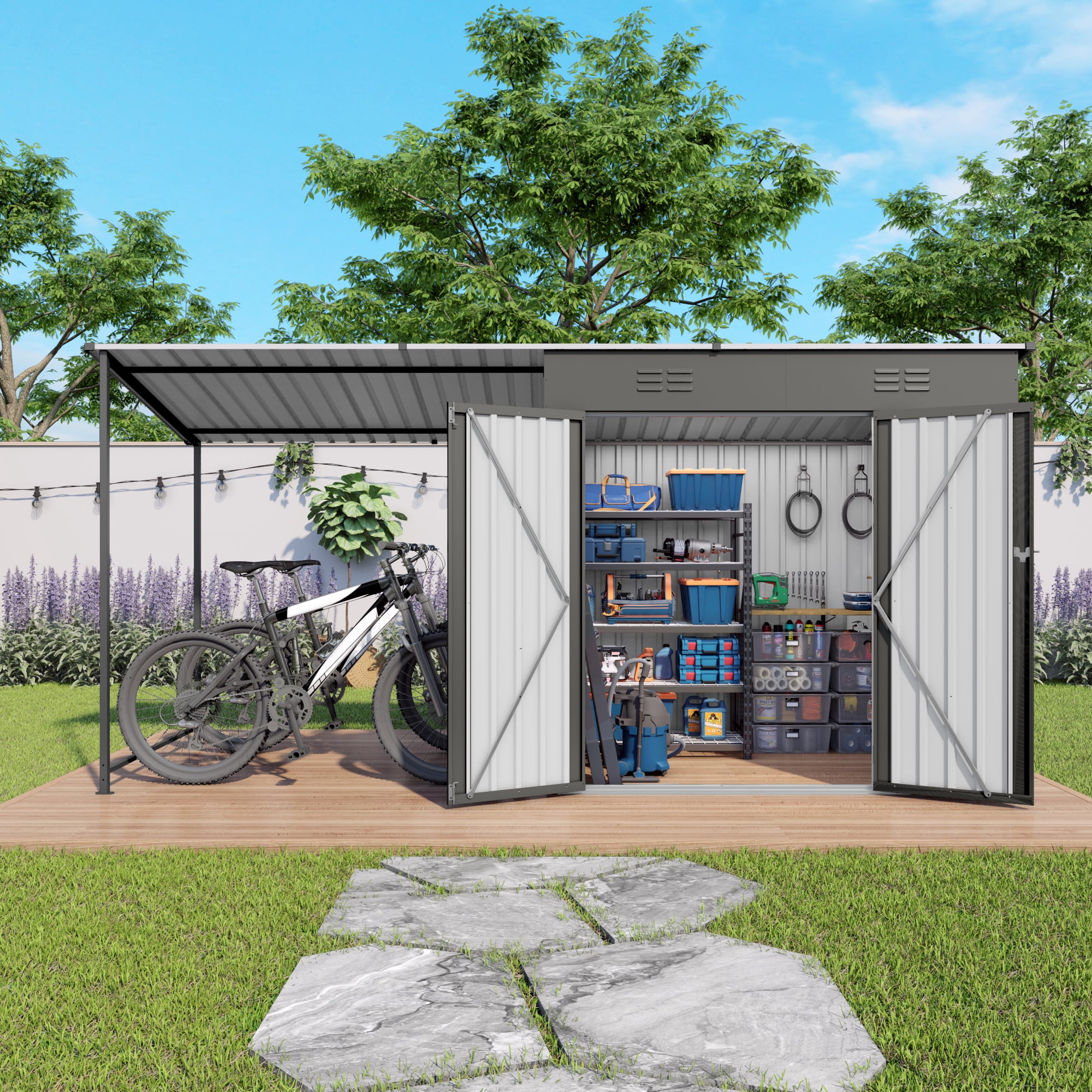 Leumius 12x4Ft Metal Lean to Shed with Open-Sided Pergola, 2-in-1 Sheds & Outdoor Storage tool Shed with Window for Patio Backyard Garden