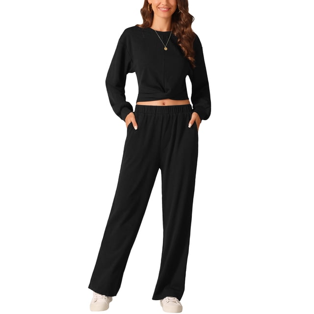 Conjunto de sudadera de dos piezas para mujer INSPIRE CHIC, sudadera recortada en la parte delantera, pantalones anchos, conjunto de chándal para el hogar