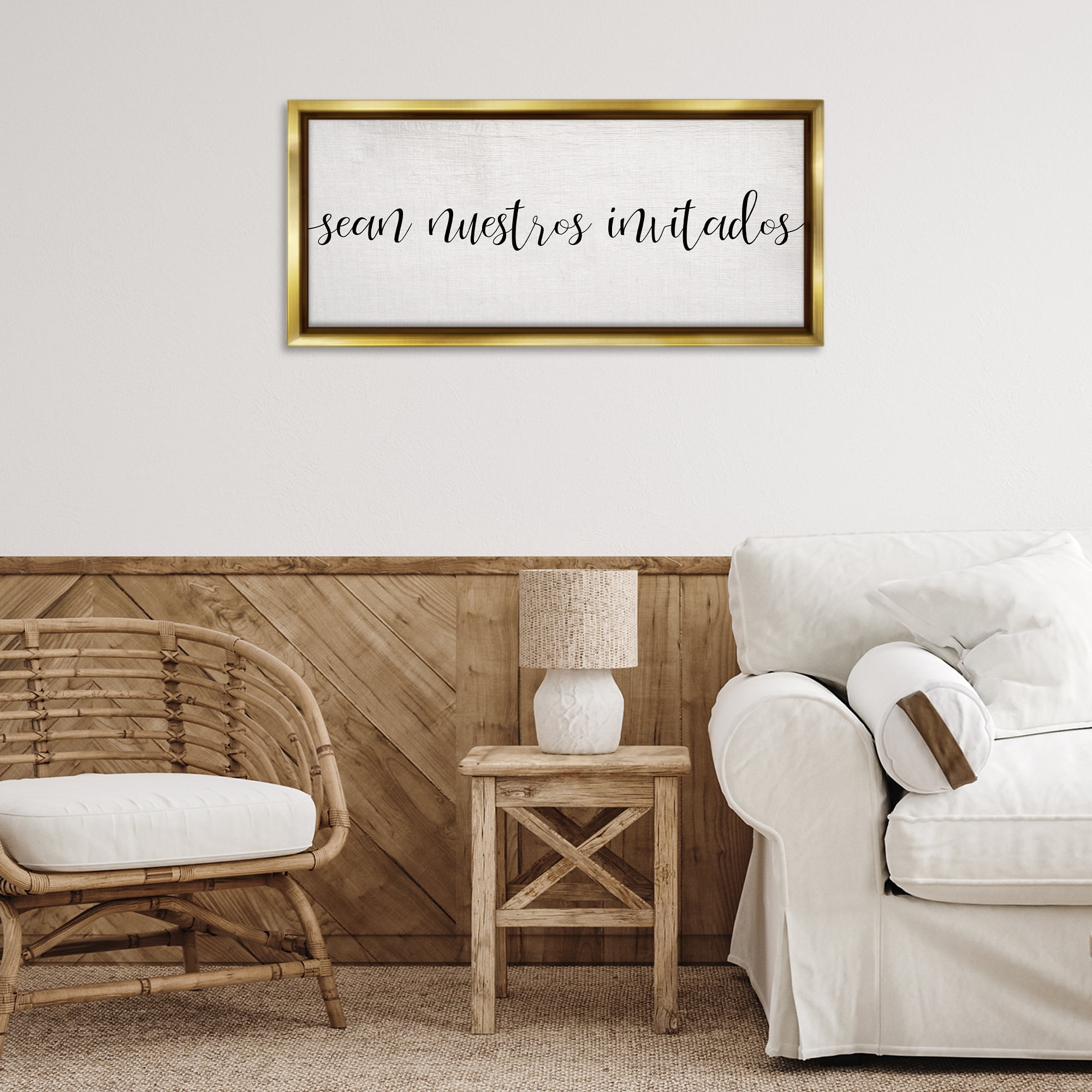 Stupell Industries Sean Nuestros Invitados Inspirational Quotes & Sayings Painting Gold Floater Framed Art Print Wall Art, 31 x 14