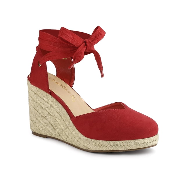 BLISSFUL STEP Chaussures pour Femmes Sandales Espadrilles à Talon Compensé Haut Bout Rond Rouge 8,5