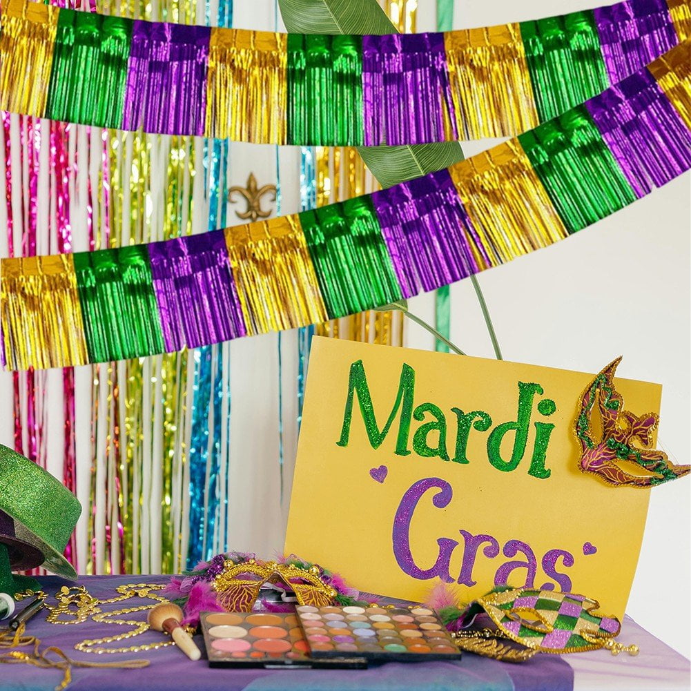 5pcs Green Gold Purple Foil Fringe Garland Metallic Tinsel Streamers Banner Fringe Backdrop Banner for Parade Floats Mardi Gras Birthday Party Homecoming Decoration