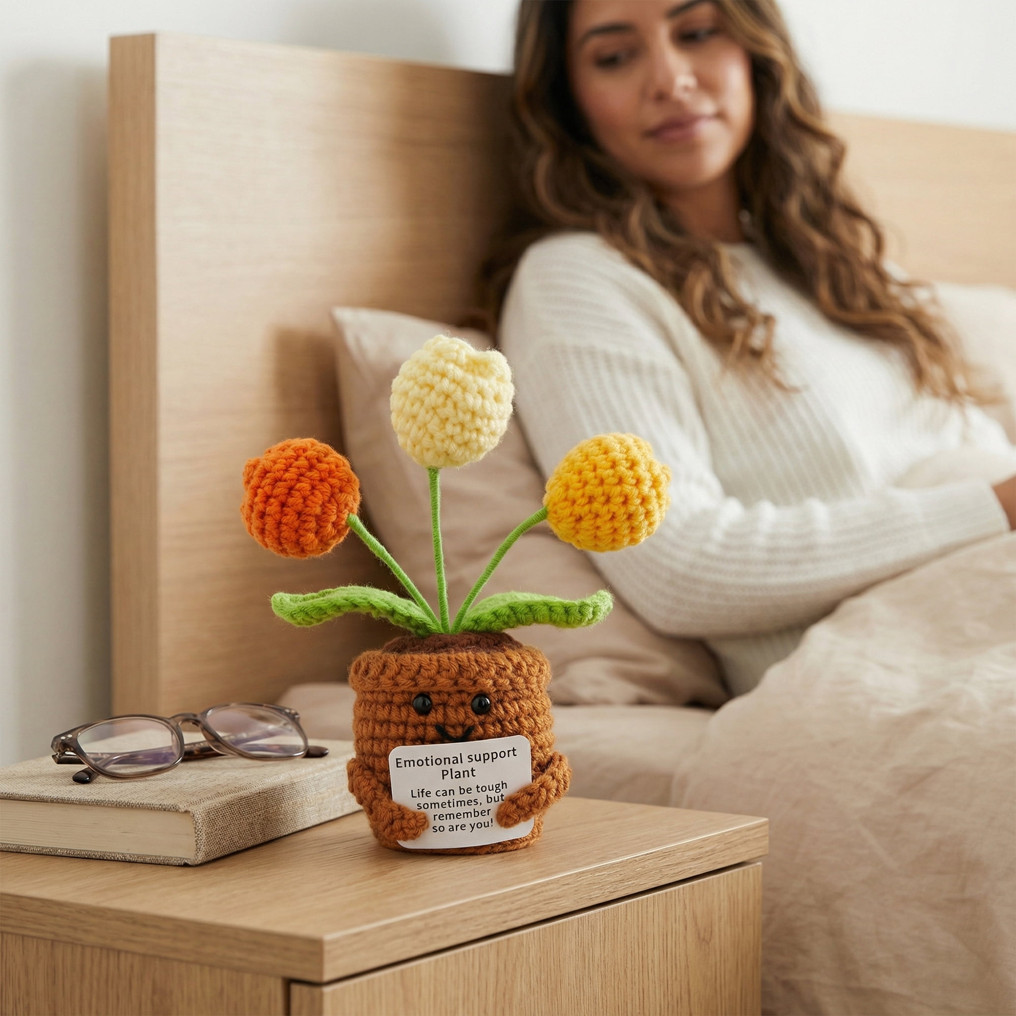 Unique Bargains Handmade Crochet Puffy Tulip Knitted Potted Plant Yellow 4.3inch