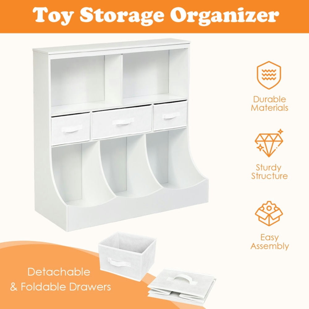 Resenkos Freestanding Combo Cubby Bin Storage Organizer Unit W/3 Baskets-White, Kids Toy Storage for Kids, Boys, Girls, Nursery