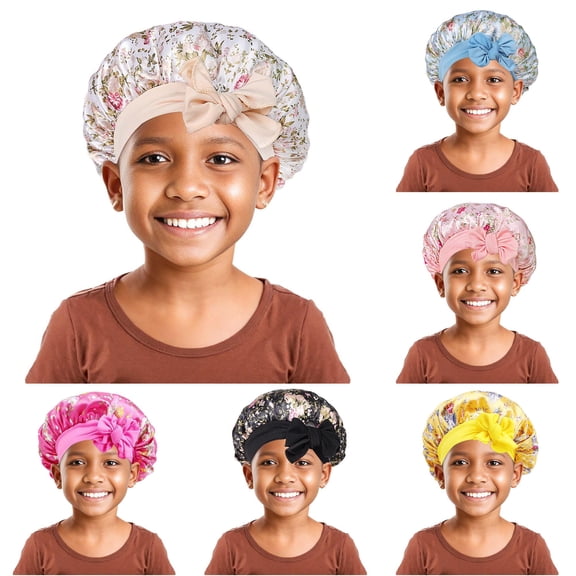 SUXIAN Kids Hair Bonnet Silk Satin Floral Print Bow Tie Elastic Strap Soft Round Cap Versatile Hair Protection Girls Sleep One Size