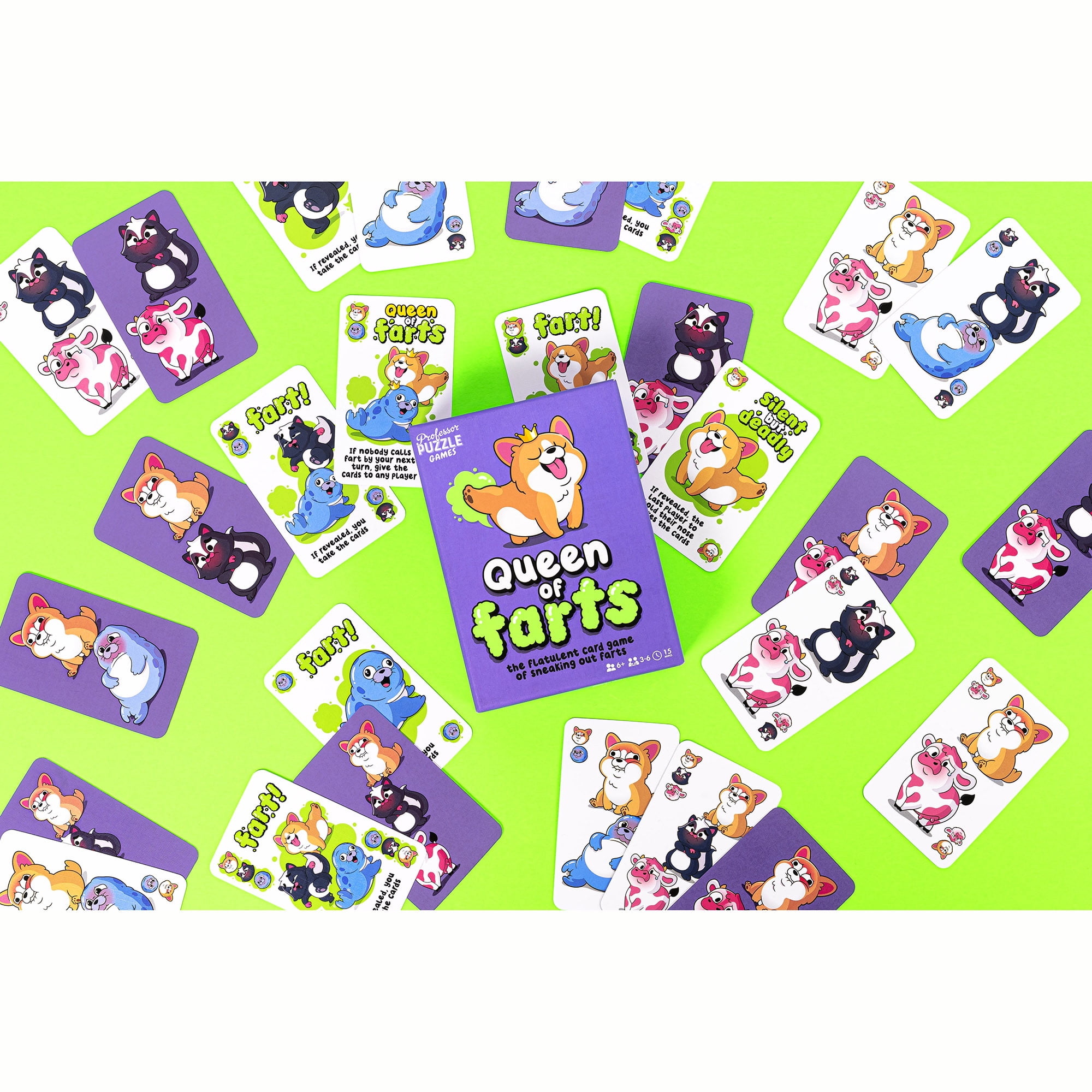 Professor Puzzle: Queen of Farts - Flatulent Animal Card Game, Pair Matching & Card Discarding, Gassy Fun Party Game, Family-Kids Ages 6+, 3-6 Players