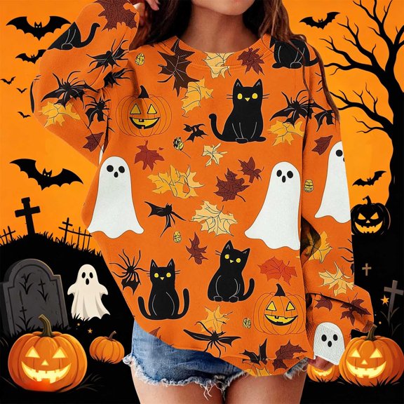 Piuwrlz Kid Halloween Pattern Hoodies Girls No Hat Sweatshirts Long Sleeve Pullover Multicolor Size 12-13Years