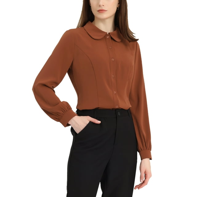 CURVOSPORT Women's Button Down Shirt Peter Pan Collar Long Sleeve Princess Line Blouse L Brick Red