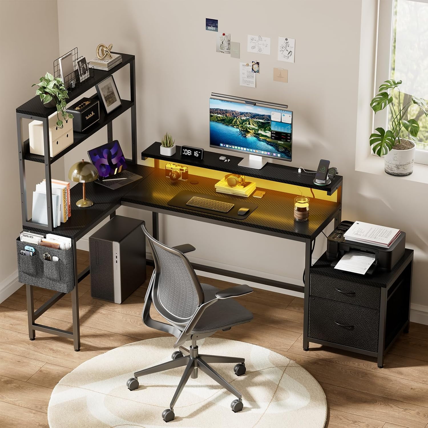 REAHOME 70 Inch L Shaped Desk with File Drawers and Reversible Storage Shelves, Computer Desk with Power Outlet & LED Strip, Home Office Desks, Writing Study Desk for Bedroom, Carbon Fiber Black
