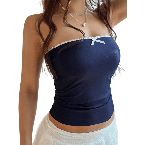 Top Corto de Tubo de Encaje de Verano para Mujer, Estilo Y2K, para Salir, Club y Conciertos. Azul Marino XL