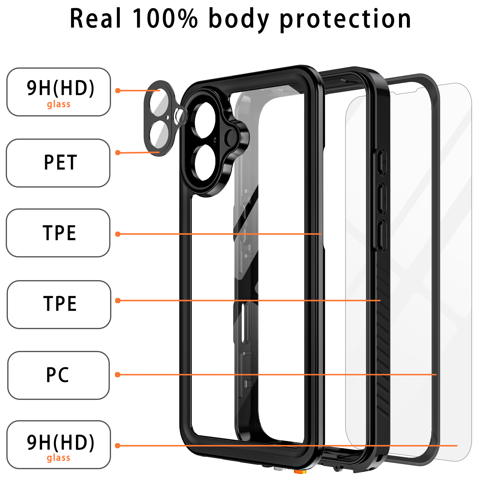 Casetego For iPhone 17 Case,IP68 Waterproof 16FT Underwater Military Dustproof Shockproof Rugged with Built-in Screen Protector Full Protect Phone Cover with Lanyard,Black