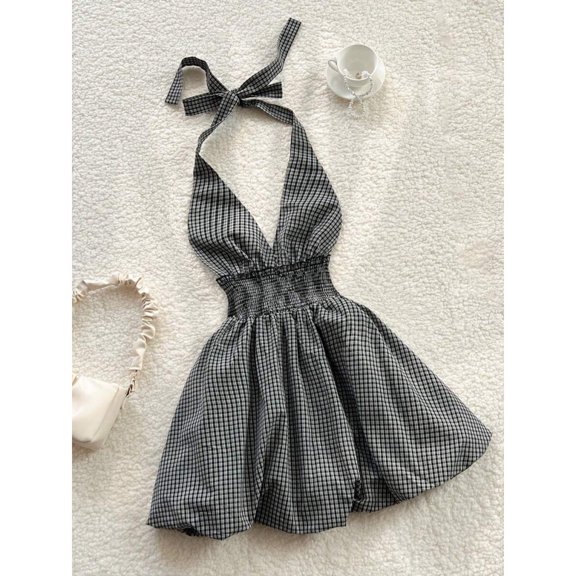 Black And White Womens Halter Neck Plaid Smocked Waist Mini Dress With Tie Straps