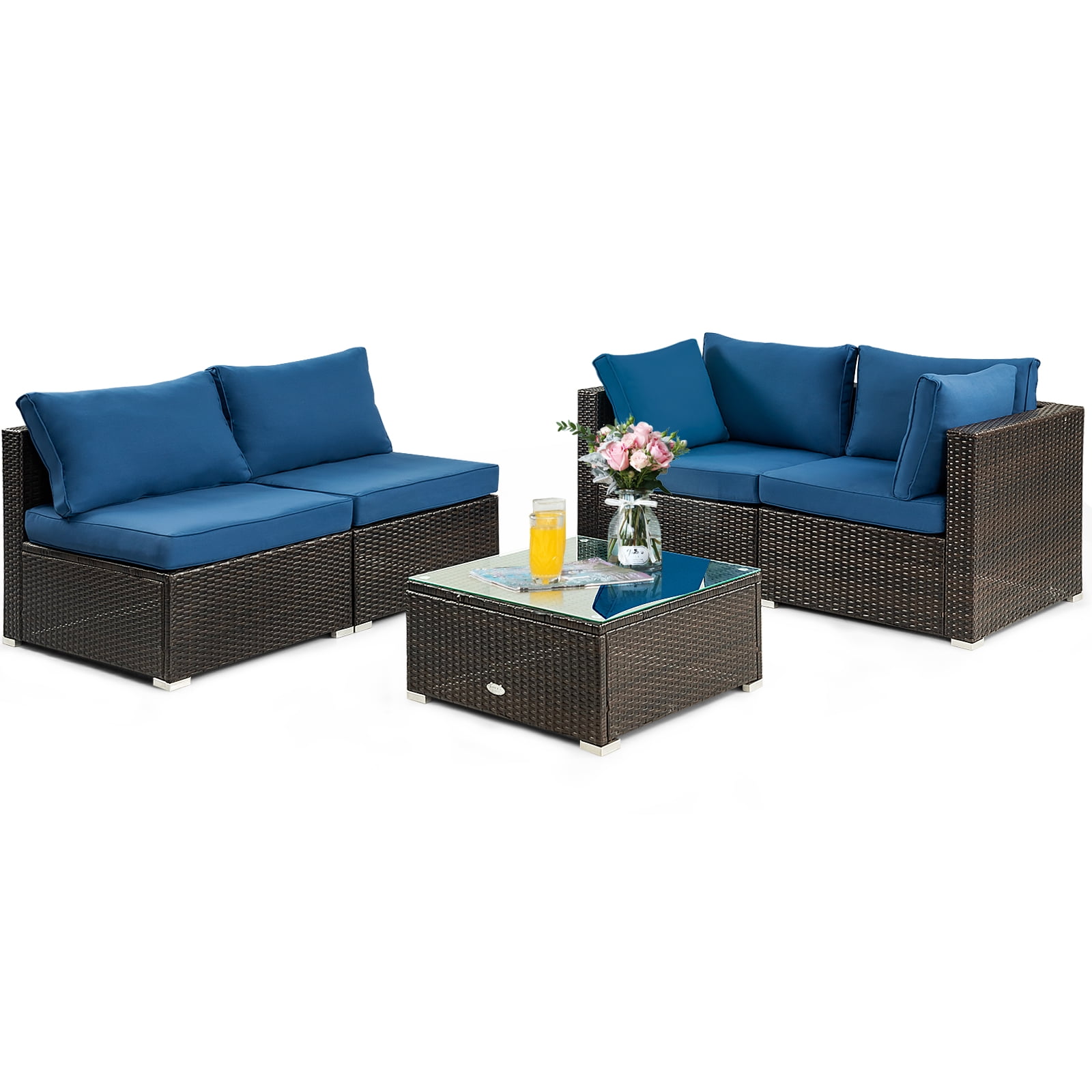 Patiojoy 5PCS Rattan Patio Furniture Set Cushioned Sofa Chair Coffee