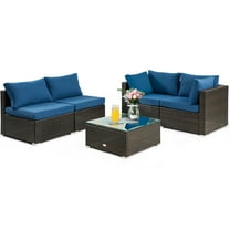Patiojoy 5PCS Rattan Patio Furniture Set Cushioned Sofa Chair Coffee Table Set Easy Assemble Navy