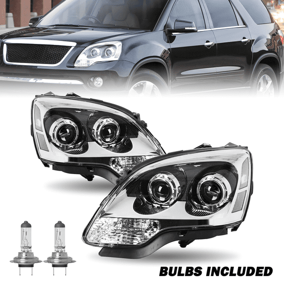 Titans Motors Projector Headlights for 2007–2012 GMC Acadia — Chrome Housing Clear Lens Factory Headlamp Set with Bulbs (Left & Right)