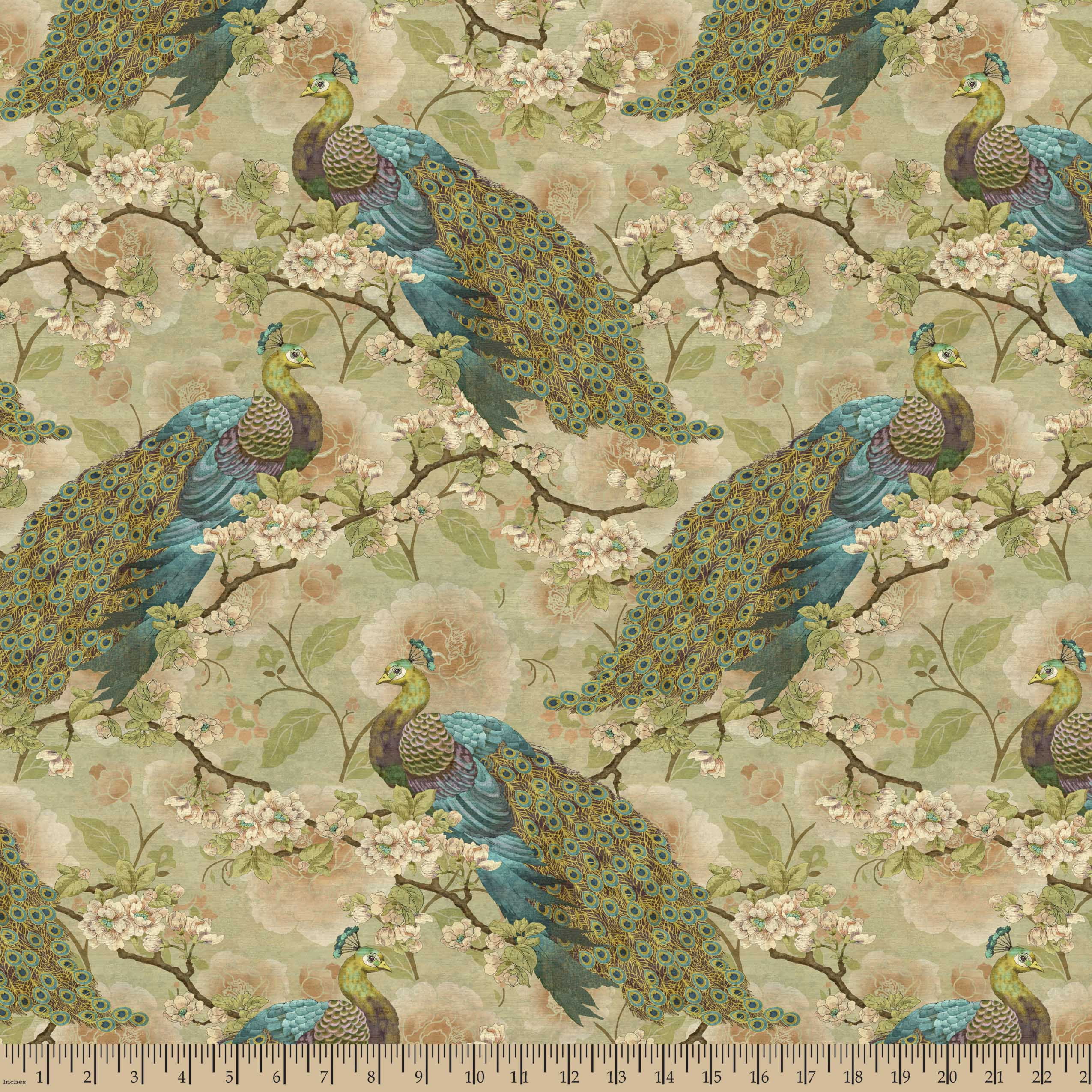 Indian Peacock Floral Fabric by the Yard