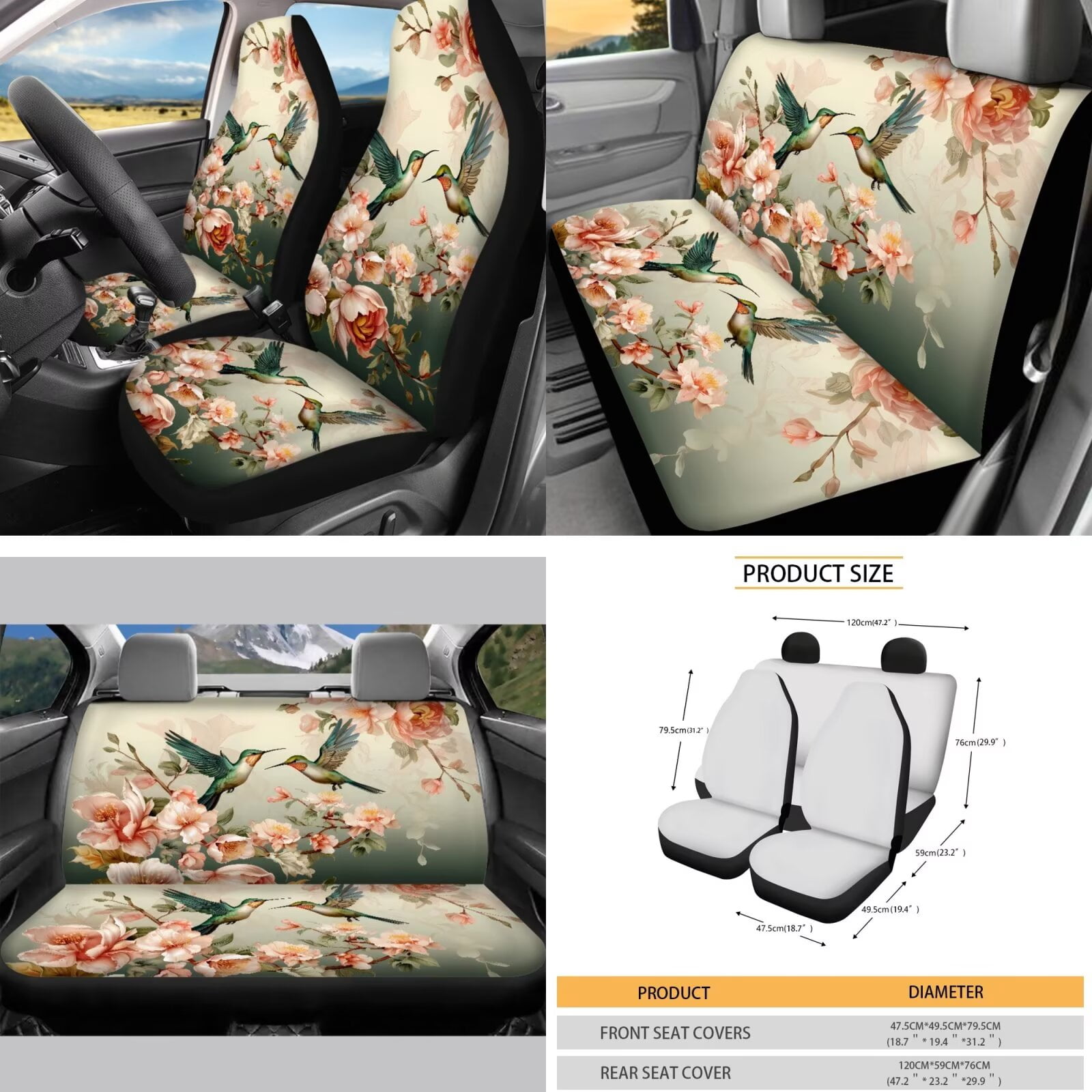 Garronmavis Aesthetic Flower Hummingbird 16 Pcs Car Accessories Set Car Seats Belts Shoulder Pad Covers Keychain Gear Shifting Knob Cover Cup Mats Front Window Sunshade Rearview Mirror Cover