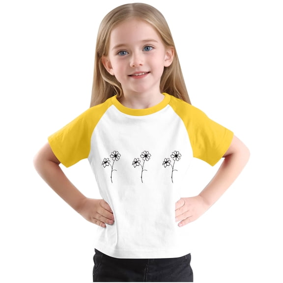 Girls Raglan Graphic Tees Size 3-14 Baseball Summer Cute Short Sleeve T-Shirts Loose Fit Round Neck Casual Tops Yellow， 5 Years