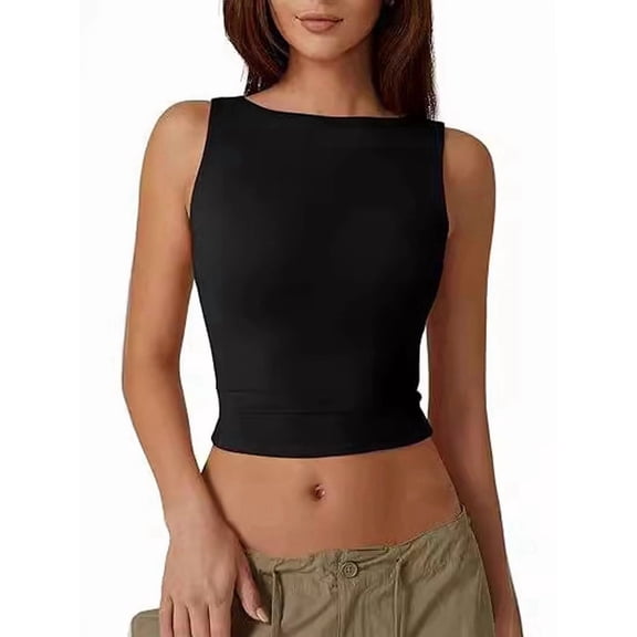 Womens Boat Neck Tank Tops Sleeveless Slim Fit Shirts Summer Going Out Y2K Fashion Outfit Clothes Black S