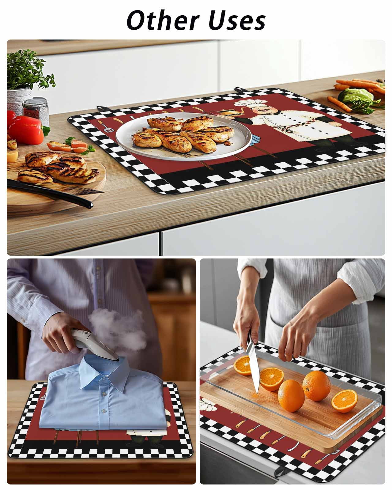 Stove Top Covers for Electric Stove, Chef Glass Stovetop Cover Protector, Cartoon Red Food Cooking Black White Buffalo Check Induction Cooktop Protector Oven Mat for Kitchen Countertop 24"x21"
