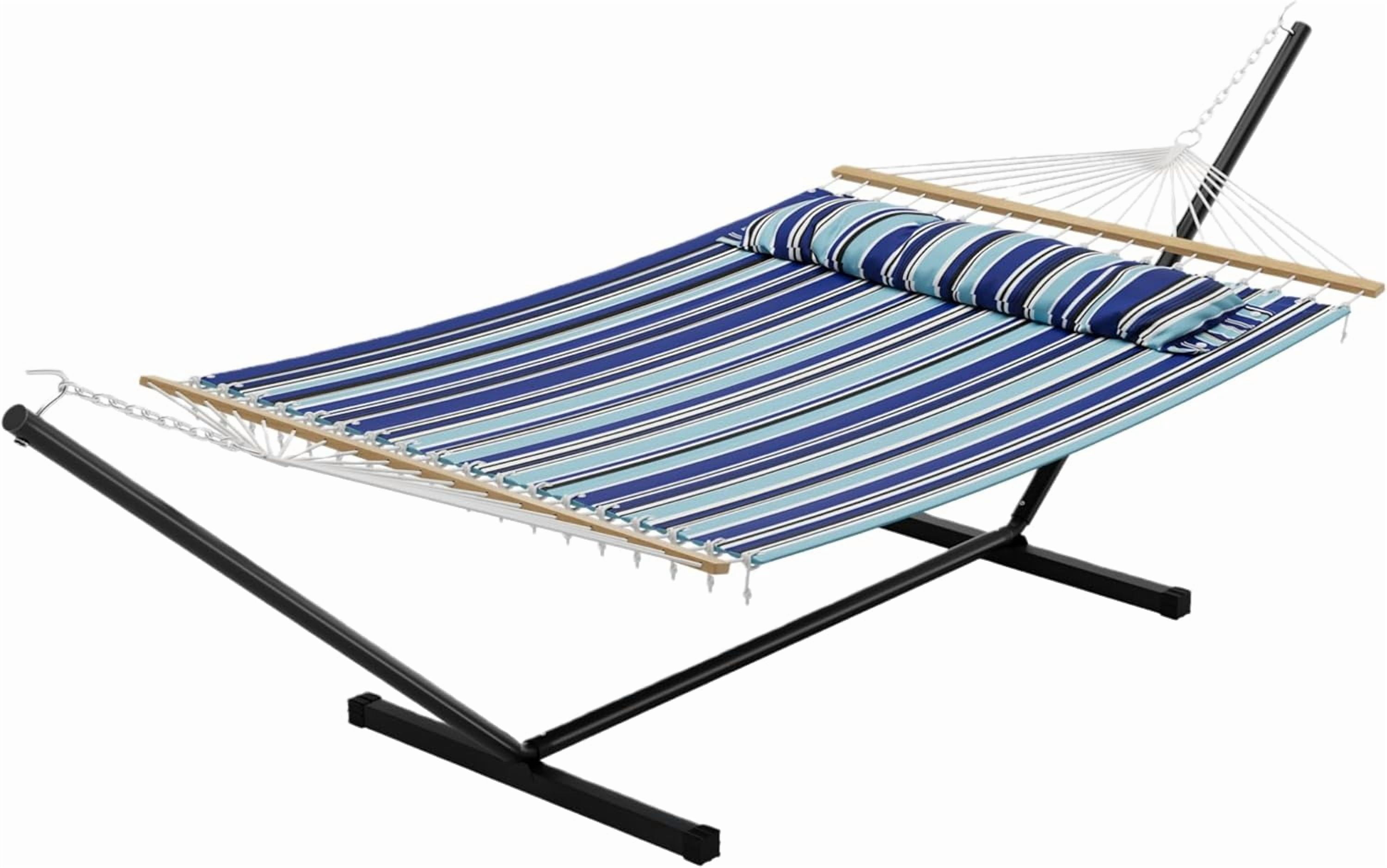 2 Person Hammock with Stand, Heavy Duty Hammock with Carrying Bag, Soft Pillow, 475 lbs Capacity, Freestanding & Portable for Patio, Garden, Camping, Blue