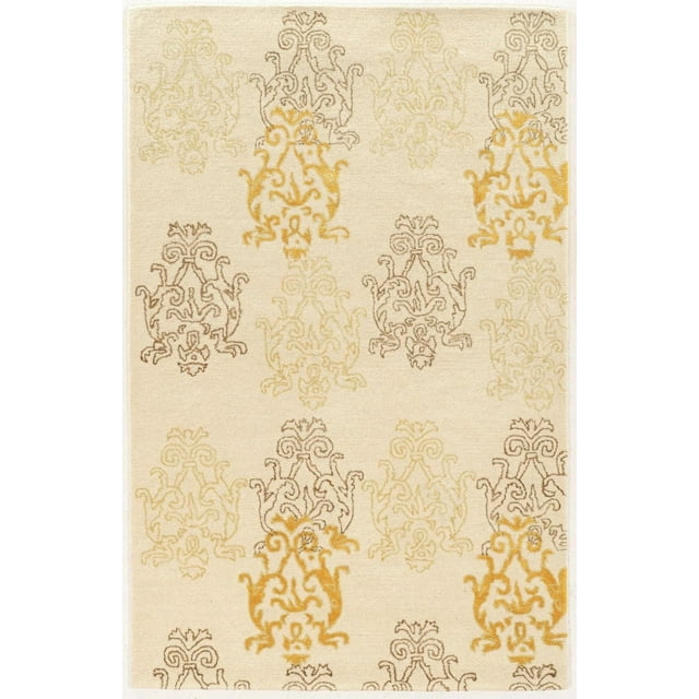 Aspire wool area rug featuring an ivory background with ornate damask motifs in gold and brown, measuring 8 by 11 feet.
