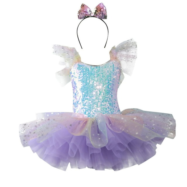 Kid Girls Ruffle Sleeve Ballet Skirted Leotard Sequins Shiny Dance Tutu Dresses Gymnastics Leotard Ballet Tutu