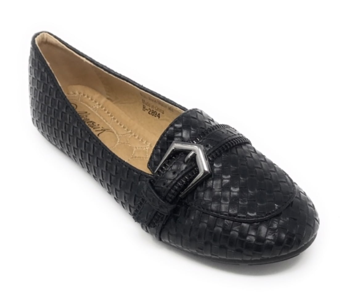 Victoria K Women's Weaved Texture Zipper Design Strap Buckle Ballerina Flats