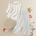 thumbnail image 3 of Women's Casual Embroidered Top and Cotton Linen Long Pants Two Piece Set, Summer Beach Vacation Outfit with High Waist Wide Leg Trousers and Side Pockets for Daily Wear White M, 3 of 7