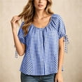 thumbnail image 2 of Edvintorg Button Up Shirt Women Plaid Printed Crew Neck Short Sleeve Loose Casual Blouses Summer Tops for Women Blue L, 2 of 8