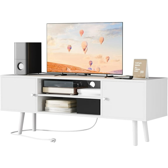 Cozy Castle TV Stand for 48''-55''TV, Mid Century Modern TV Console, Entertainment Center with 2 Storage Cabinets, Adjustable Shelf and Power Outlets for Living Room, Bedroom and Office, White