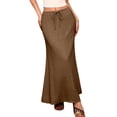 thumbnail image 3 of Linen Flared Maxi Skirt with Back Slit - Elastic Waist Drawstring Long Flowy Ankle-Length Skirt Brown M, 3 of 9
