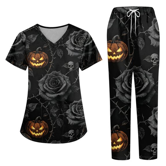 Halloween 2-Piece Scrubs Set for Woman, V-Neck Short Sleeve Top & Pants, Soft Medical Uniform with Pockets for Nurses, Gold, XL