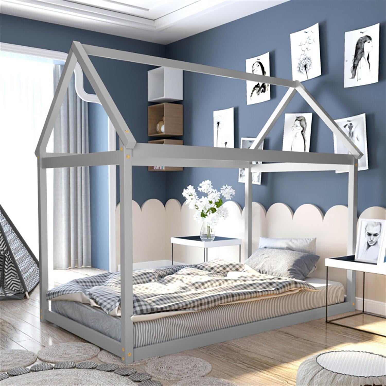Demi Bonn Stable Floor Bed Frames with Roof ang Heavy-Duty Slats, Modern House Bed for Teens, Gray