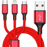 LBC 3 in 1 Micro USB/USB Type C/Lightning Fast Charger Sync Cable 3A Nylon Braided Multi Charging Cord (4ft, Red)