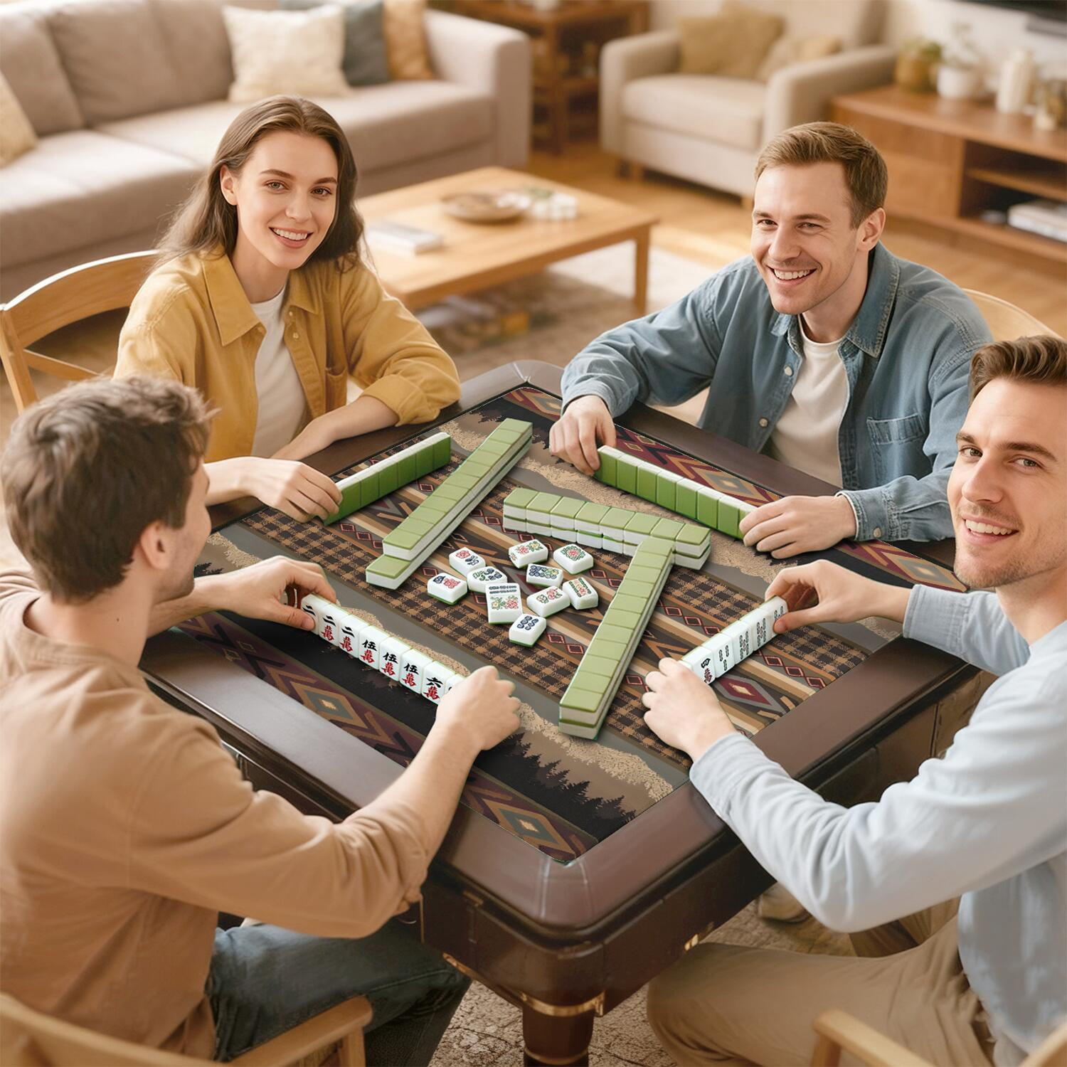 Decorative Boho Style Anti-Slip Table Mat for Mahjong 31.5x31.5 Inch Rubber Pad Reduces Noise for Card Games Board Games and Game Room Activities