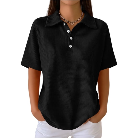 Bbyeadc Golf Shirts for Women Short Sleeve Waffle Knit Loose Top Breathable Collared Golf Shirt Casual Workout Shirt,Black (XXL)
