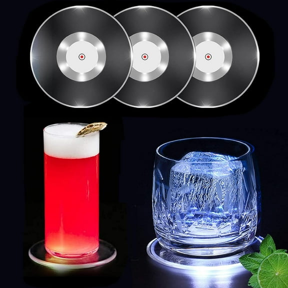 LINLIN White LED Coaster set of 3, Battery Replaceable Coasters with 3 Light Modes, Waterproof Beer Mat Bar Accessory with 6 LED Beads, Suitable For Drinking at Home Bar Parties
