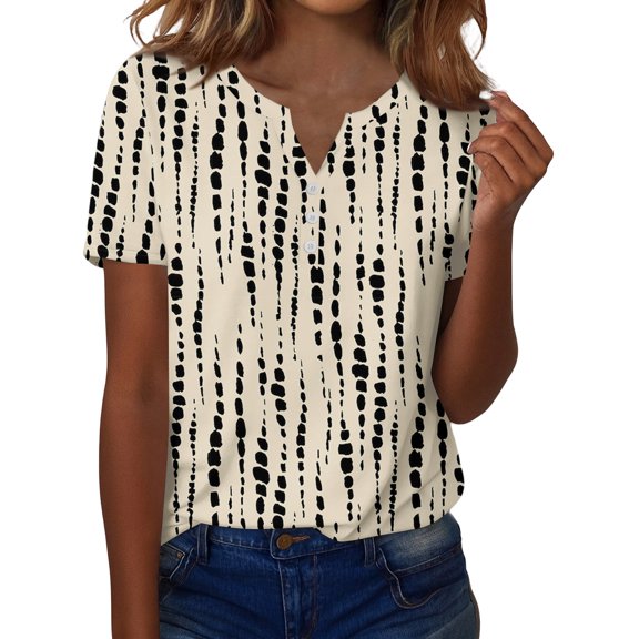 ASDFVBKG Women Floral Print Spring Valentines Day Crew Neck Blouse casual short Sleeve Outfits Beige M