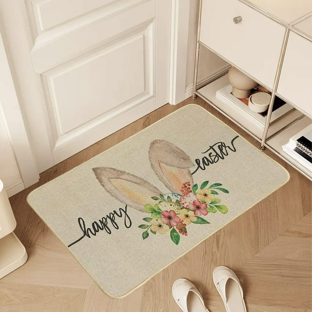 Decoraciones de Pascua, adornos de Pascua, felpudo de Pascua con diseño de conejito de Pascua y flores, suave, para exteriores e interiores, ideal para la entrada del hogar, la cocina y el baño.