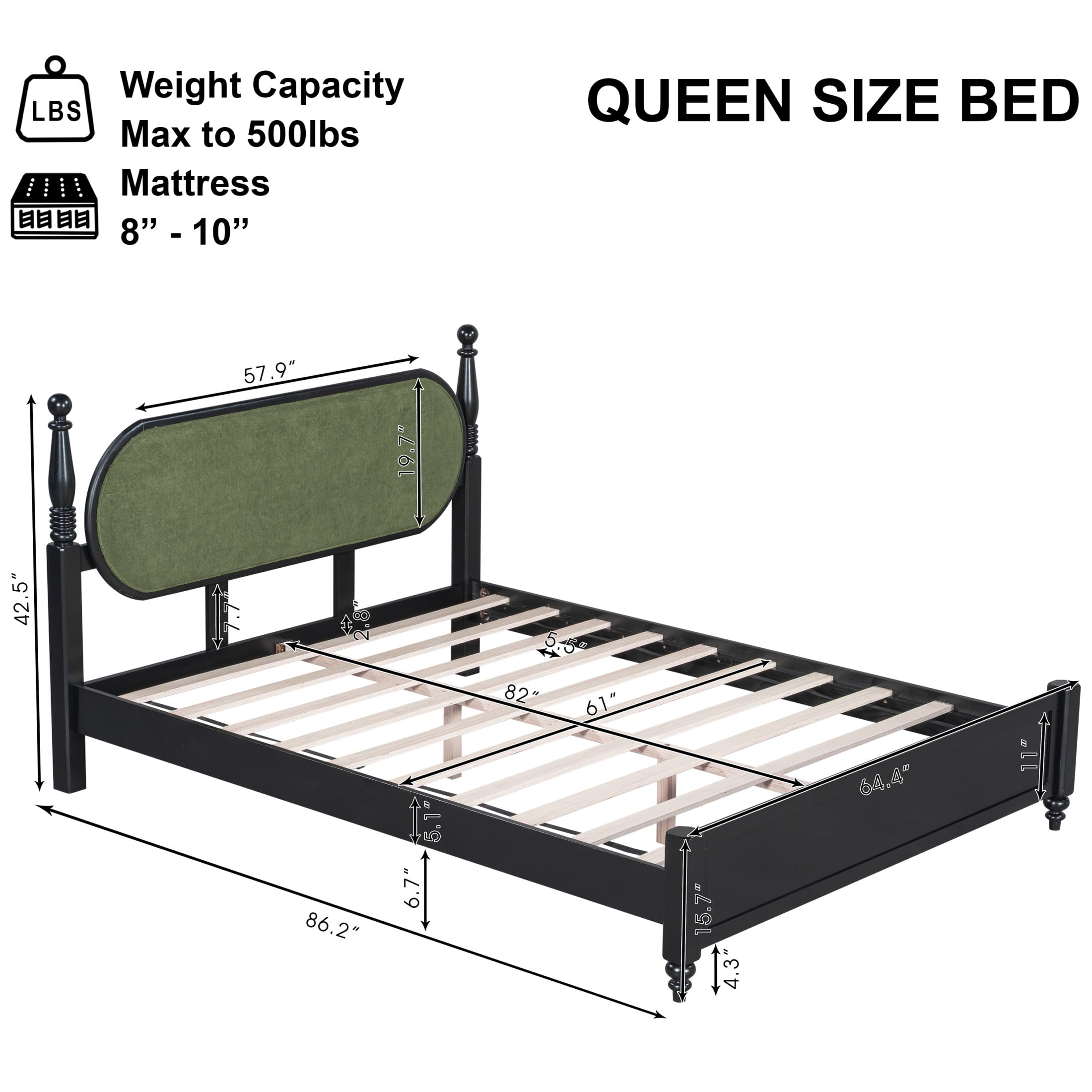 Christopher Knight Home Vintage Queen Platform Bed Frame with Upholstered Headboard, Black+Green