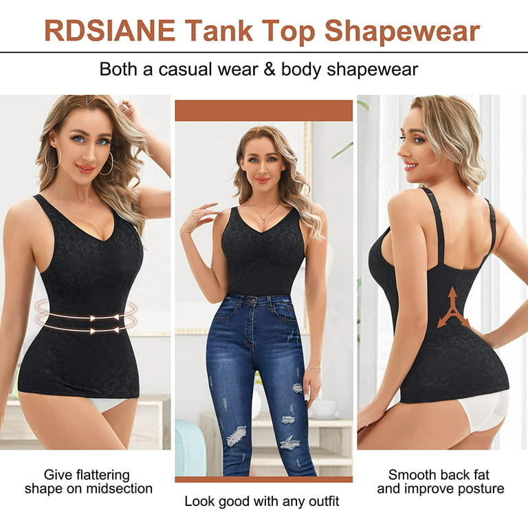 Irisnaya Women's Shapewear Lace Camisole Tank Tops Tummy Control  Compression Bodysuit Built in Bra Body Shaper Slimming V-neck Vest(Black  Small)