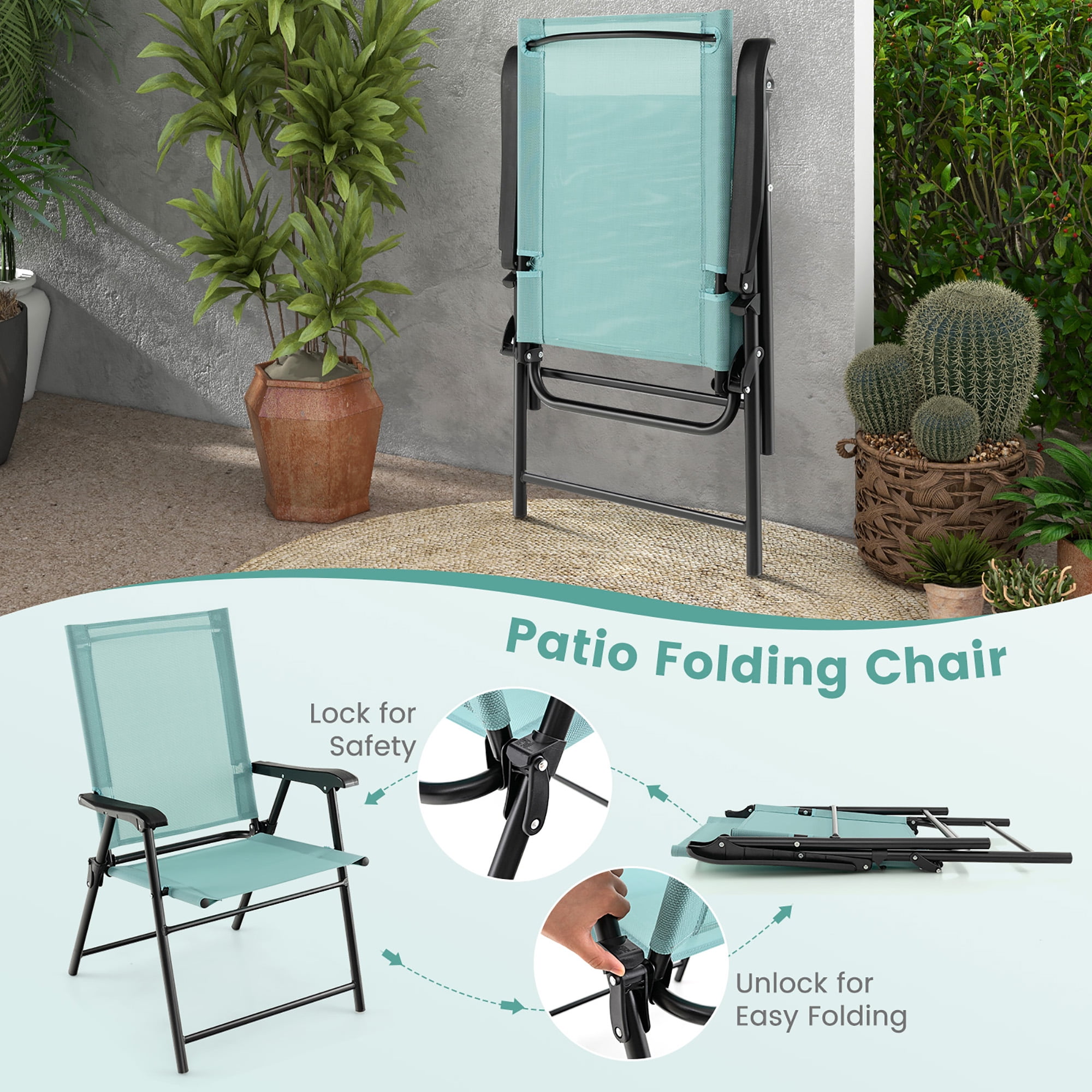 Costway Patio 4pcs Folding Sling Back Chair Portable Armrests Metal Outdoor Dining Green