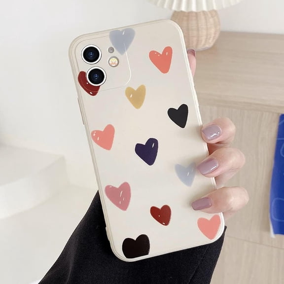 Compatible with iPhone 12 Case for Women Girls, Cute Matte Love Hearts Pattern, Premium Soft Liquid Silicone Back Cover with Camera Protection, Shockproof Phone Case for iPhone 12 - Beige