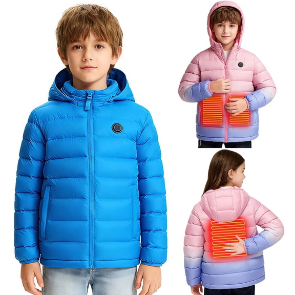 Agkizg Kids Boys Girls USB Heated Puffer Jacket Battery-Powered Warm Winter Coat with Pockets Solid Color Casual Outerwear