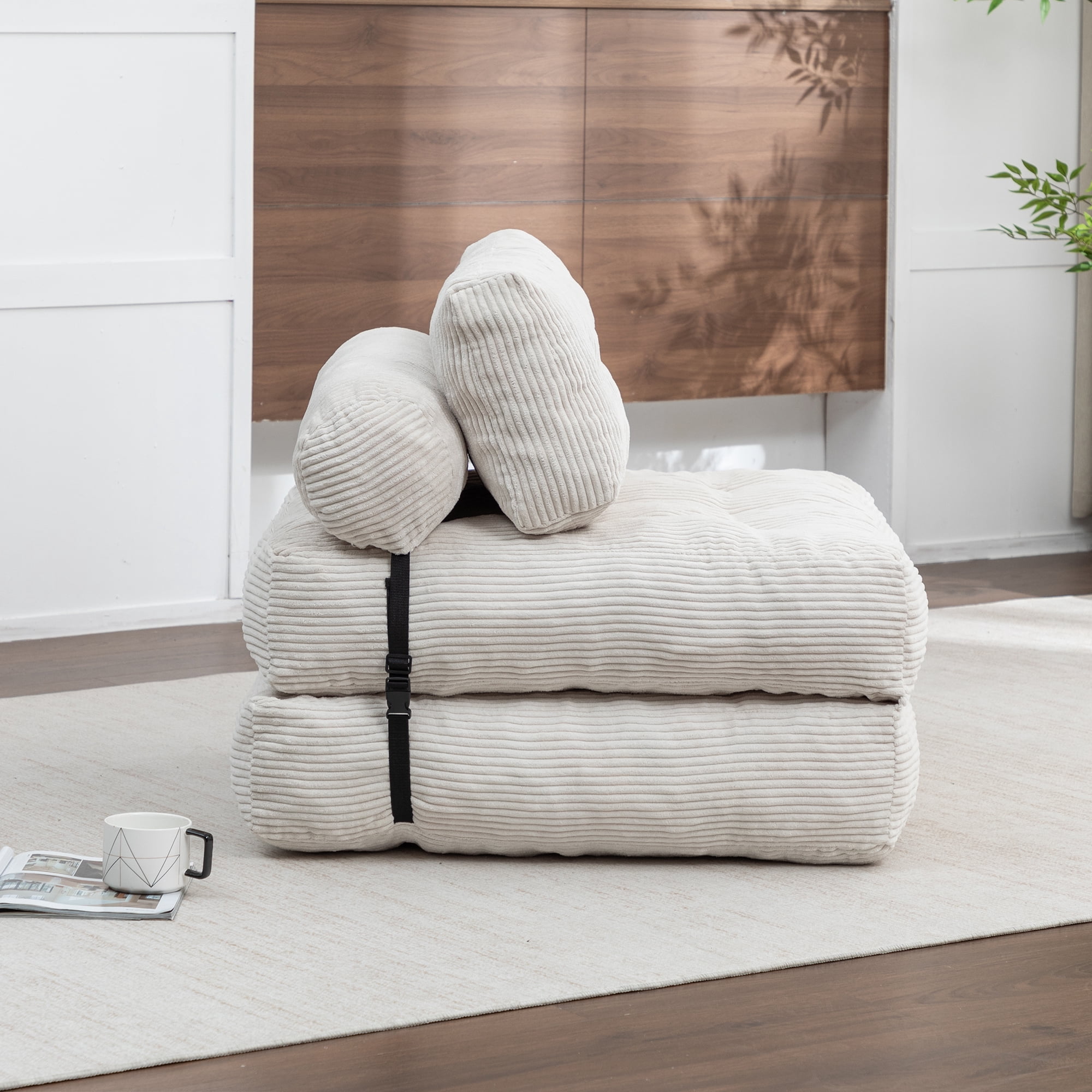 Foldable Floor Couch Converts to Bed, Portable Folding Sofa Bed with Lumbar Support Pillow for Apartments and Guest Room, Beige Corduroy