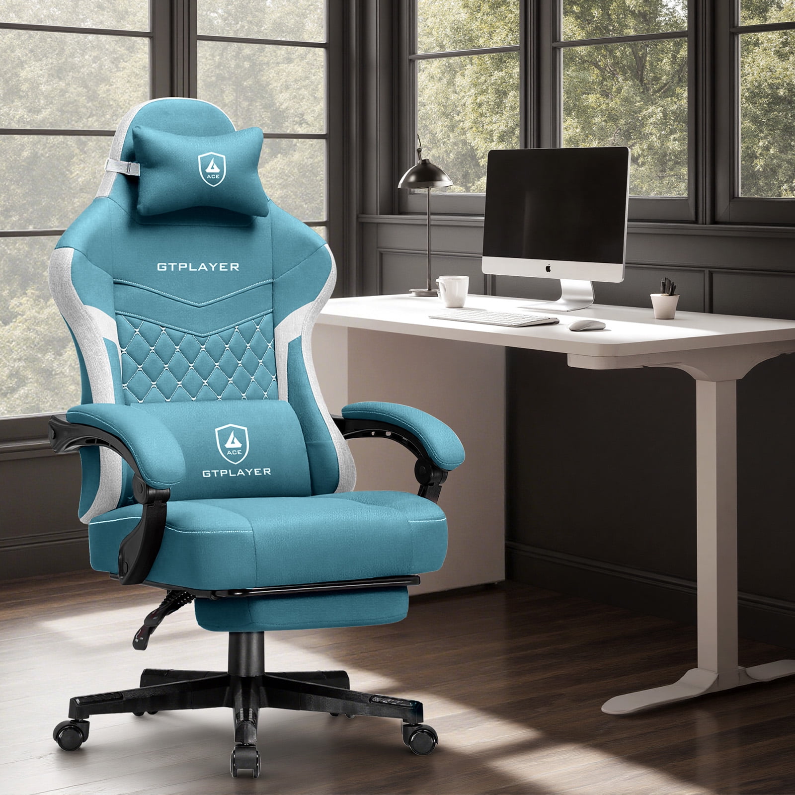 GTPLAYER Gaming Chair, Fabric Ergonomic Office Chair with Footrest and Lumbar Suppor for Adult, Oceanblue