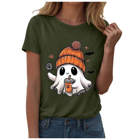 Yuncity Summer Shirts For Women Halloween Ghosts Graphic Tshirt Short Sleeve Crew Neck Casual Stylish Outdoor Athletic Tops Size L Army Green