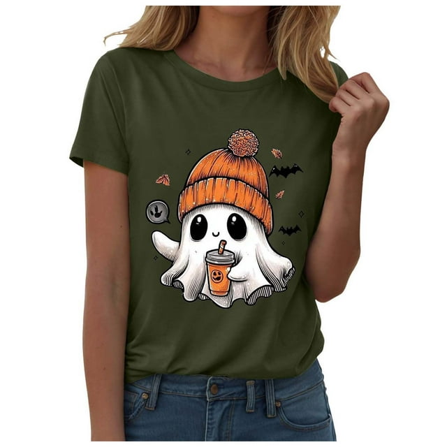 T-shirt Graphique à Manches Courtes d'Halloween pour Femmes Col Rond Décontracté pour Tenue de Fête d'Été avec Jeans